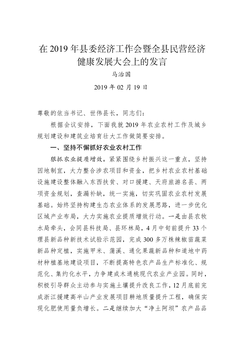 马治国：在2019年县委经济工作会暨全县民营经济健康发展大会上的发言 第1页
