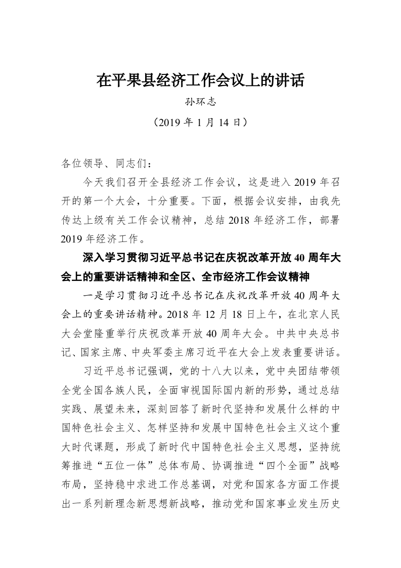 孙环志：在平果县经济工作会议上的讲话 第1页