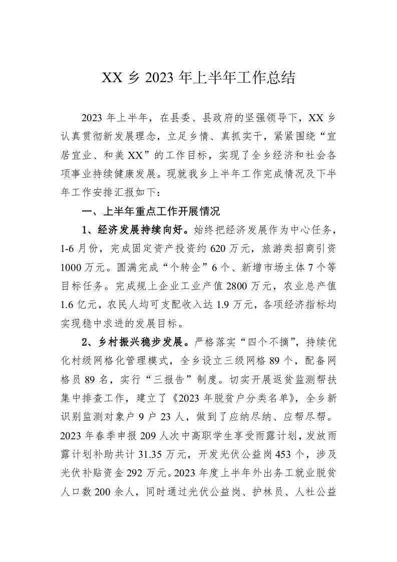 XX乡2023年上半年工作总结 第1页