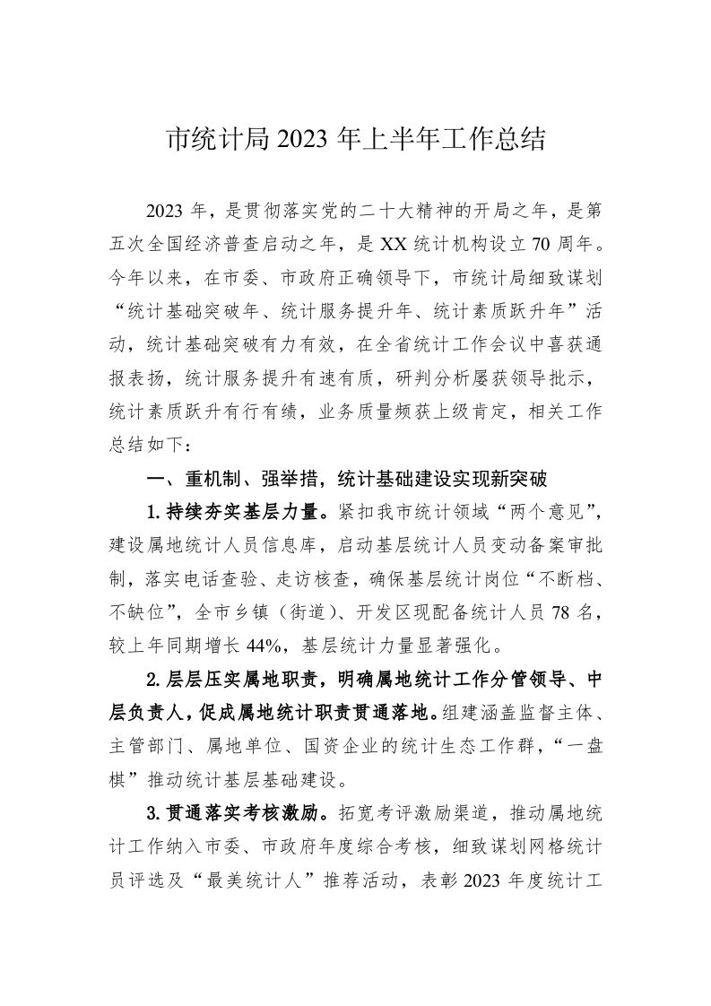 市统计局2023年上半年工作总结(1) 第1页