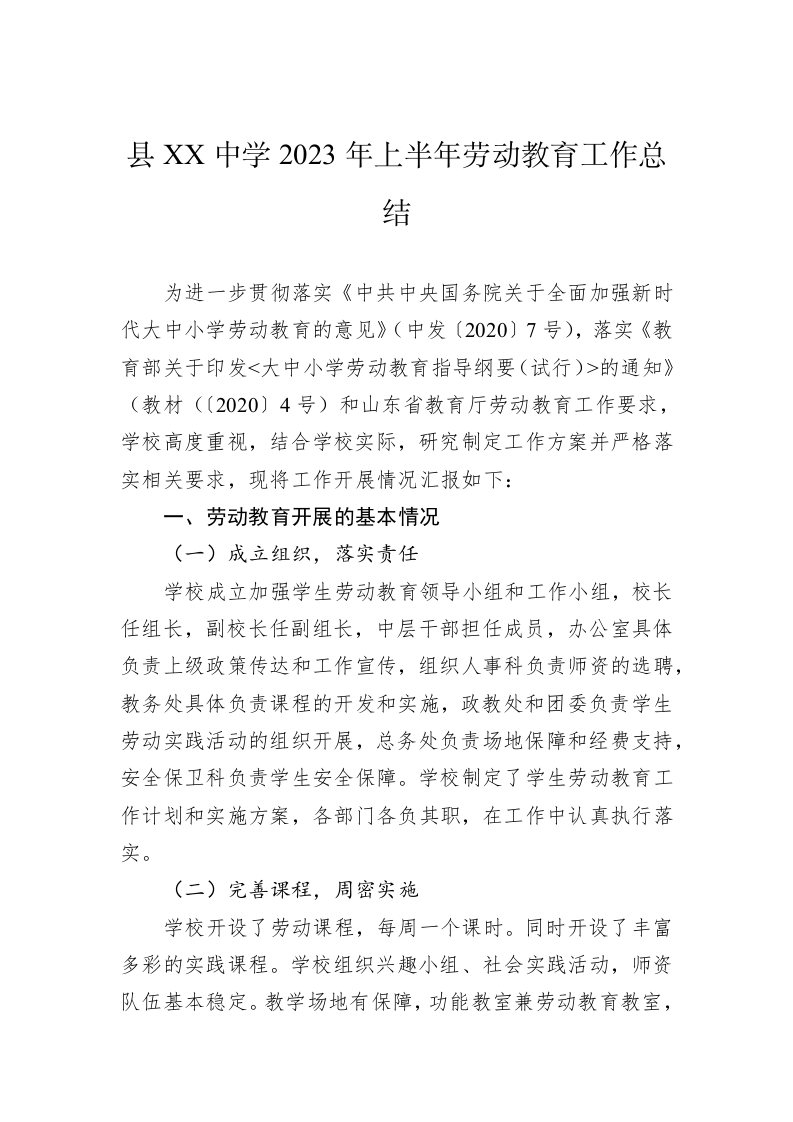 县XX中学2023年上半年劳动教育工作总结 第1页