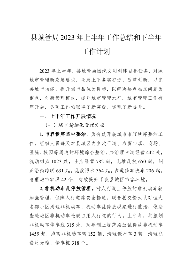 县城管局2023年上半年工作总结和下半年工作计划 第1页