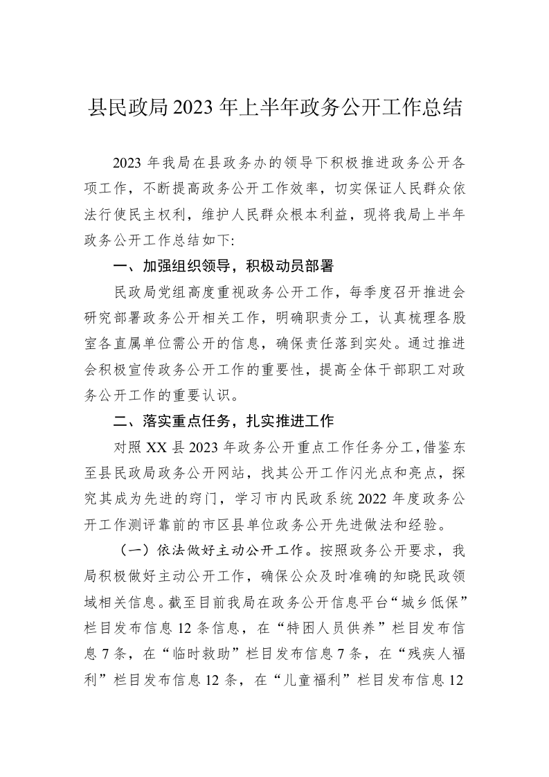 县民政局2023年上半年政务公开工作总结 第1页
