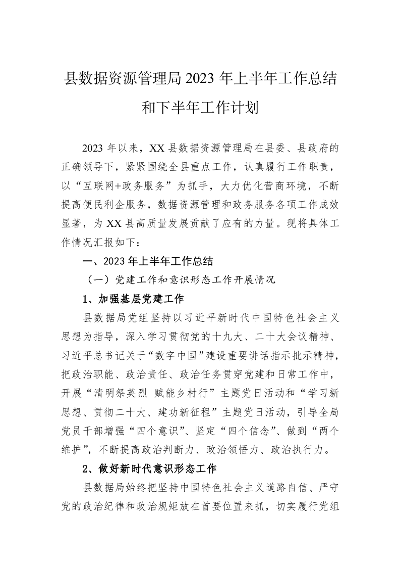 县数据资源管理局2023年上半年工作总结和下半年工作计划 第1页
