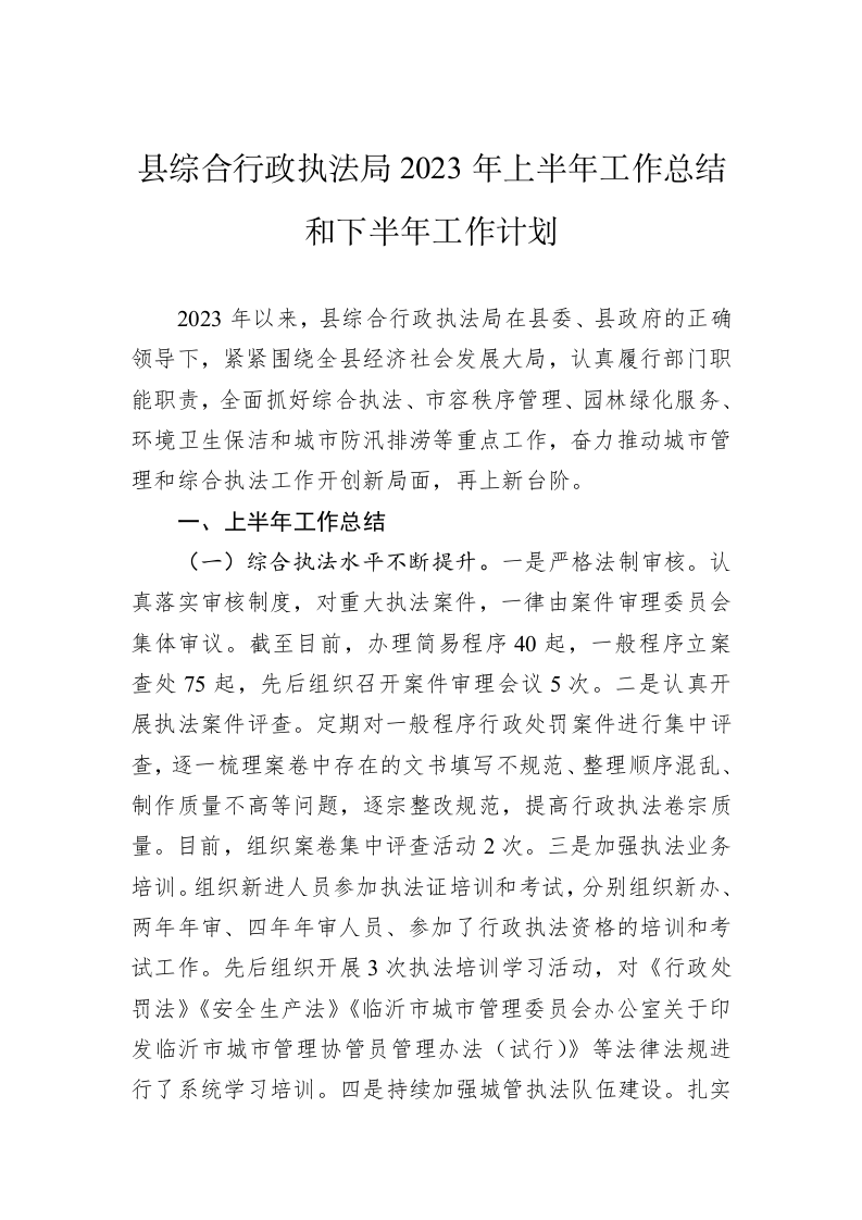 县综合行政执法局2023年上半年工作总结和下半年工作计划 第1页