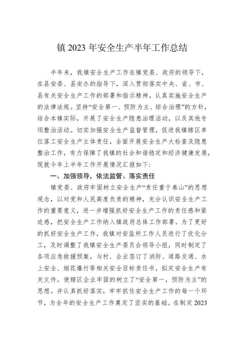 镇2023年安全生产半年工作总结(1) 第1页