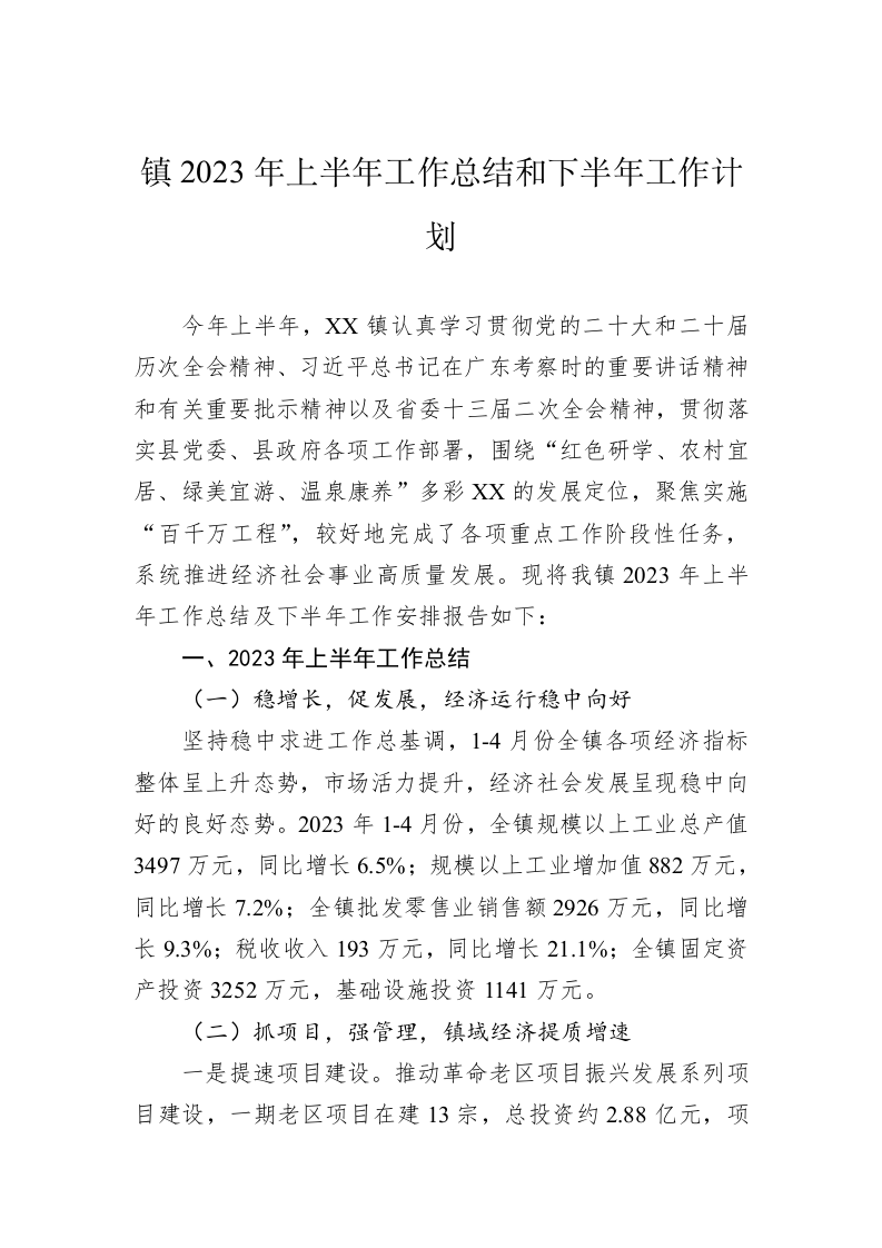 镇2023年上半年工作总结和下半年工作计划 第1页