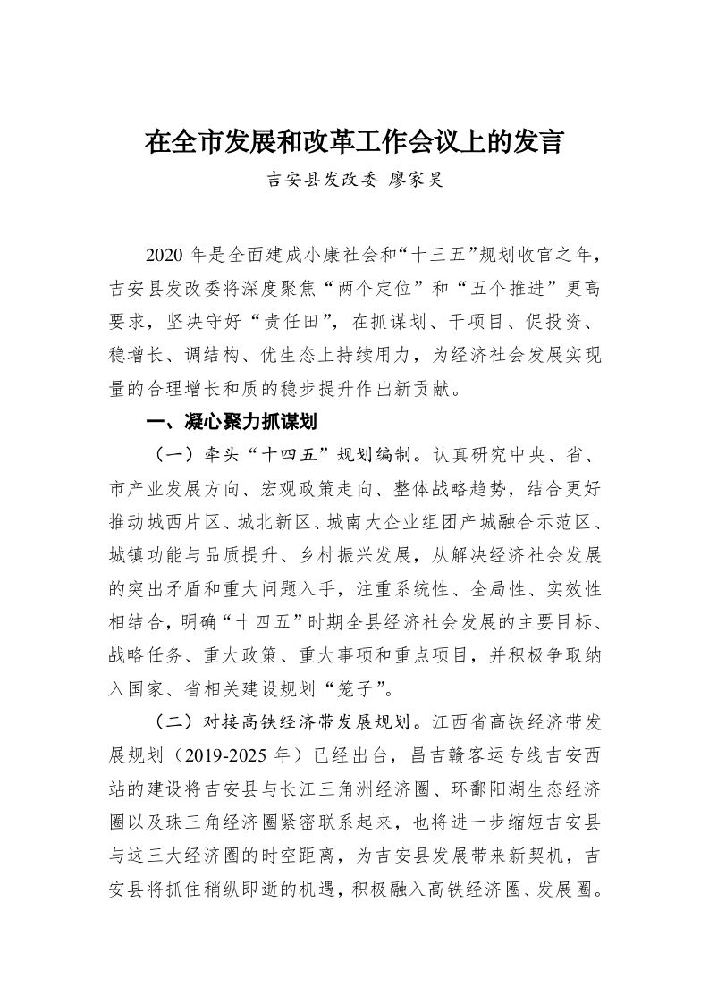 廖家昊：在全市发展和改革工作会议上的发言 第1页