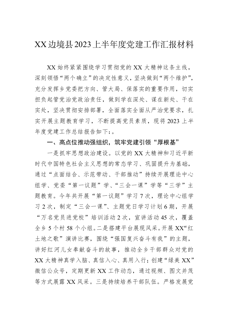 XX边境县2023上半年度党建工作汇报材料 第1页