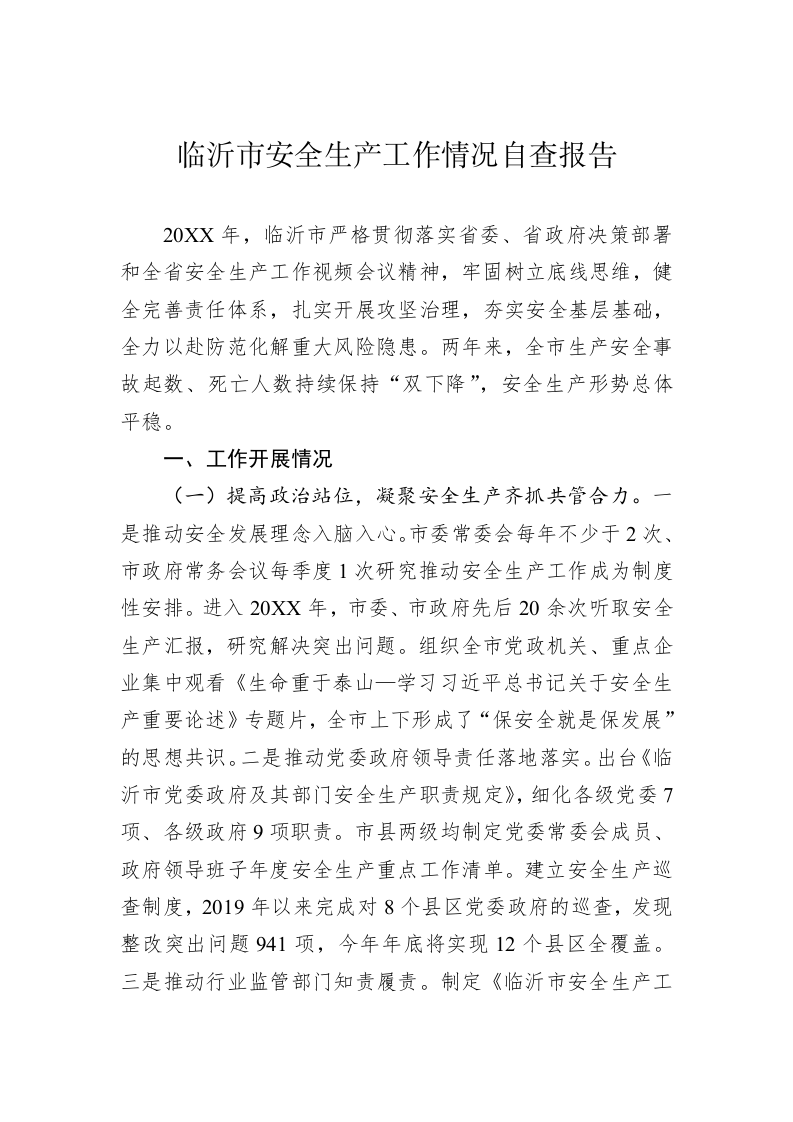 临沂市安全生产工作情况自查报告 第1页