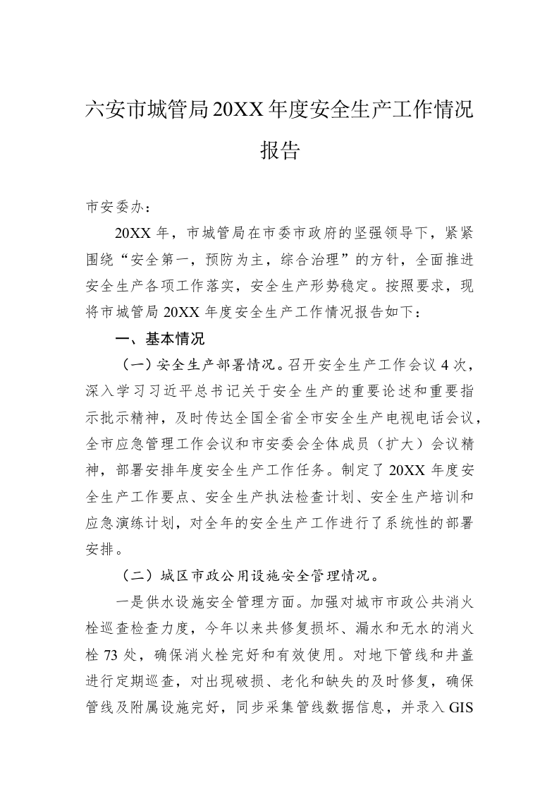 六安市城管局20XX年度安全生产工作情况报告 第1页