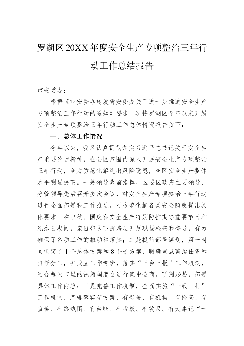 罗湖区20XX年度安全生产专项整治三年行动工作总结报告 第1页