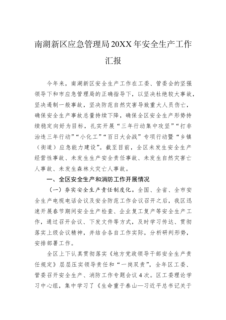 南湖新区应急管理局20XX年安全生产工作汇报 第1页