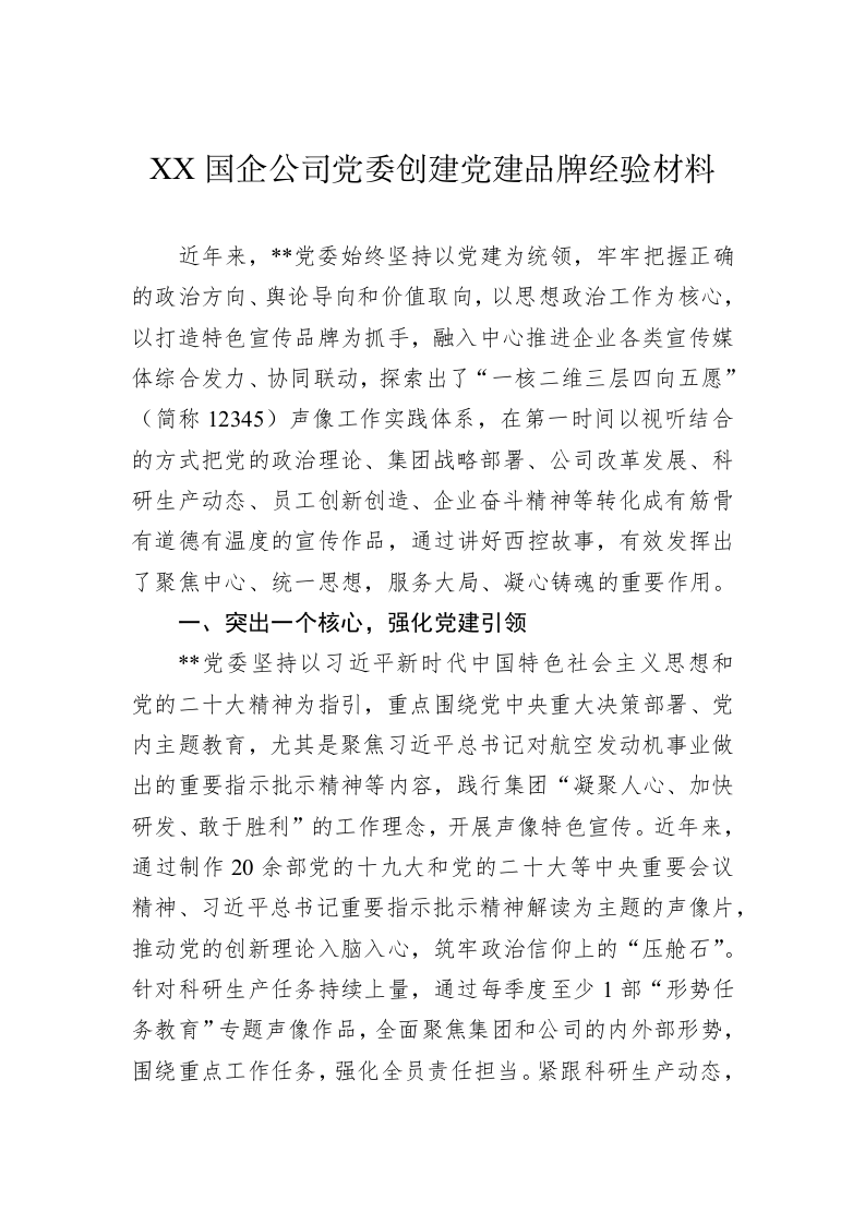XX国企公司党委创建党建品牌经验材料 第1页