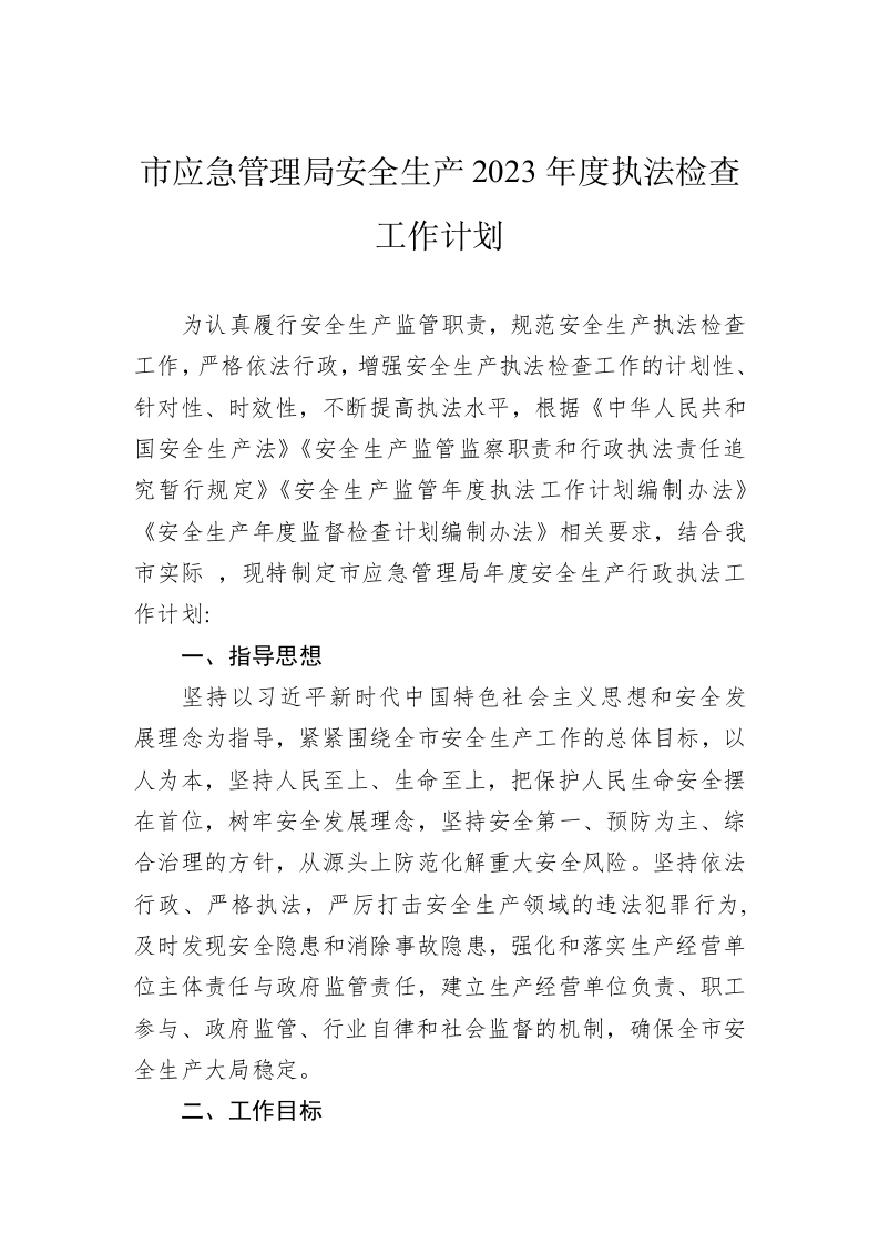 市应急管理局安全生产2023年度执法检查工作计划 第1页