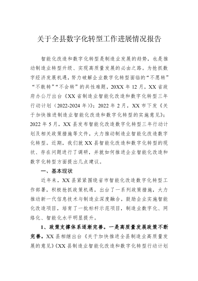 关于全县数字化转型工作进展情况报告 第1页